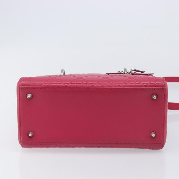 Christian Dior Canage Lady Dior Hand Bag Lamb Skin 2way Pink Silver Auth 213974A