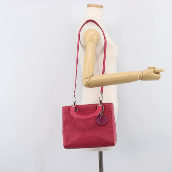 Christian Dior Canage Lady Dior Hand Bag Lamb Skin 2way Pink Silver Auth 213974A
