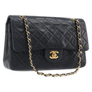 CHANEL Matelasse 25 Double Flap Chain Bag Lamb Skin Black Gold CC Auth 213975SAM-1
