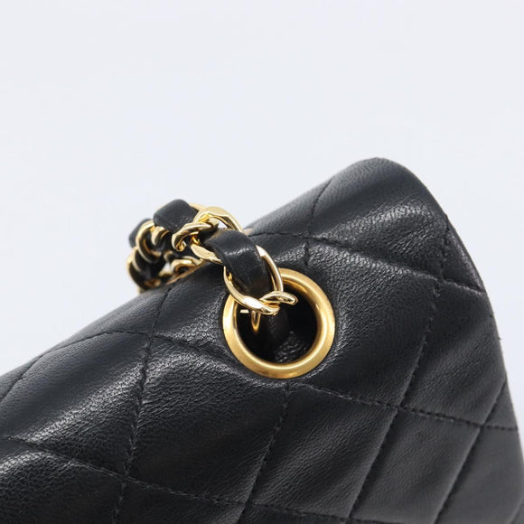 CHANEL Matelasse 25 Double Flap Chain Bag Lamb Skin Black Gold CC Auth 213975SAM