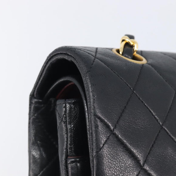 CHANEL Matelasse 25 Double Flap Chain Bag Lamb Skin Black Gold CC Auth 213975SAM