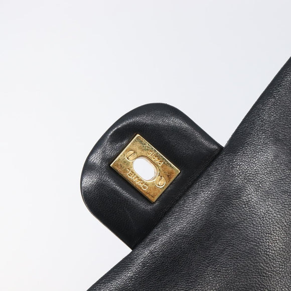 CHANEL Matelasse 25 Double Flap Chain Bag Lamb Skin Black Gold CC Auth 213975SAM