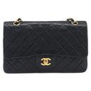 CHANEL Matelasse 25 Double Flap Chain Bag Lamb Skin Black Gold CC Auth 213975SAM-2