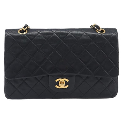 CHANEL Matelasse 25 Double Flap Chain Bag Lamb Skin Black Gold CC Auth 213975SAM - 0