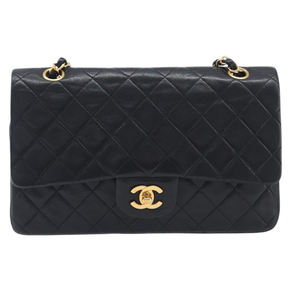 CHANEL Matelasse 25 Double Flap Chain Bag Lamb Skin Black Gold CC Auth 213975SAM