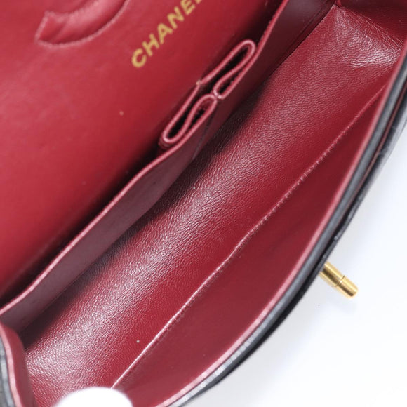 CHANEL Matelasse 25 Double Flap Chain Bag Lamb Skin Black Gold CC Auth 213975SAM