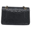 CHANEL Matelasse 25 Double Flap Chain Bag Lamb Skin Black Gold CC Auth 213975SAM-3