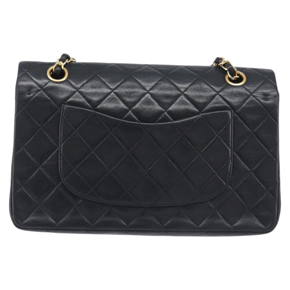 CHANEL Matelasse 25 Double Flap Chain Bag Lamb Skin Black Gold CC Auth 213975SAM