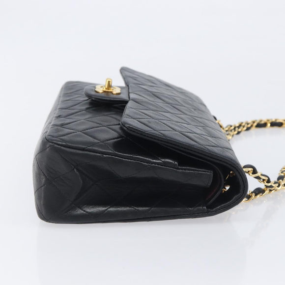 CHANEL Matelasse 25 Double Flap Chain Bag Lamb Skin Black Gold CC Auth 213975SAM