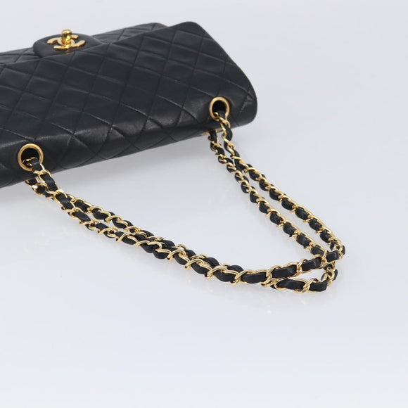 CHANEL Matelasse 25 Double Flap Chain Bag Lamb Skin Black Gold CC Auth 213975SAM
