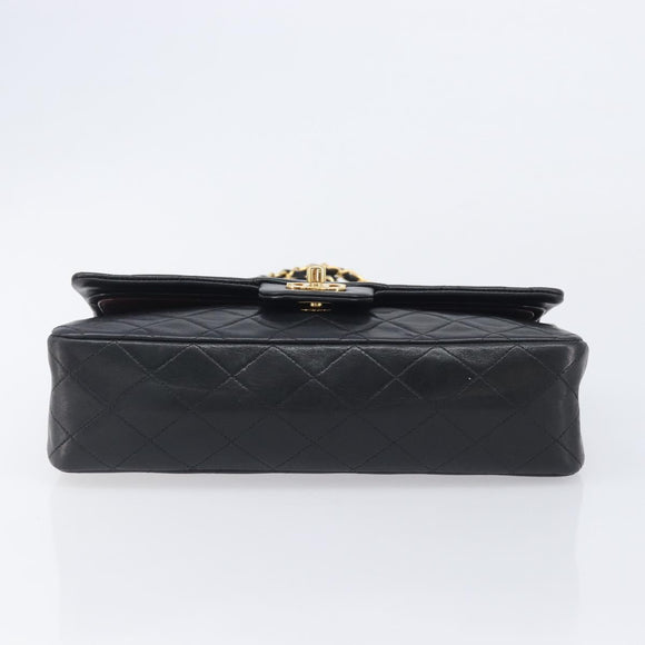 CHANEL Matelasse 25 Double Flap Chain Bag Lamb Skin Black Gold CC Auth 213975SAM