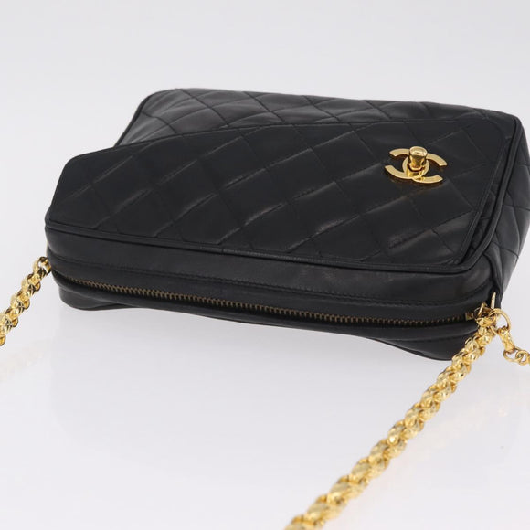 CHANEL Matelasse Chain Shoulder Bag Lamb Skin Black Gold CC Auth 213984V