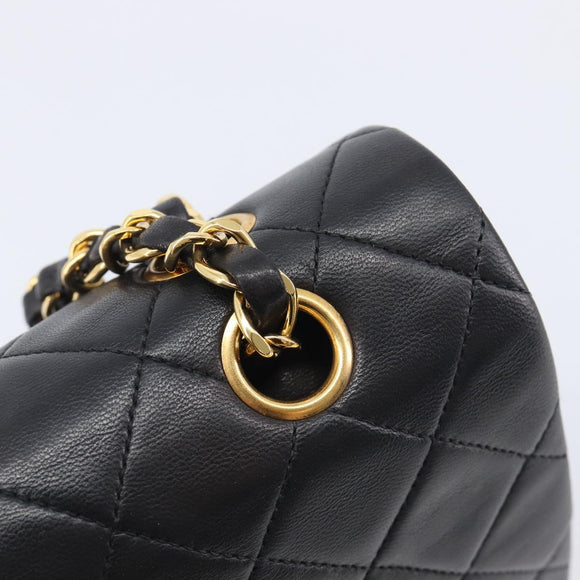 CHANEL Matelasse 25 Double Flap Chain Bag Lamb Skin Black Gold CC Auth 213989SAM