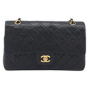 CHANEL Matelasse 25 Double Flap Chain Bag Lamb Skin Black Gold CC Auth 213989SAM-2
