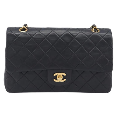 CHANEL Matelasse 25 Double Flap Chain Bag Lamb Skin Black Gold CC Auth 213989SAM - 0