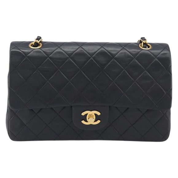 CHANEL Matelasse 25 Double Flap Chain Bag Lamb Skin Black Gold CC Auth 213989SAM