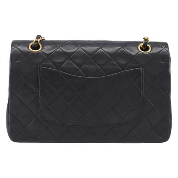 CHANEL Matelasse 25 Double Flap Chain Bag Lamb Skin Black Gold CC Auth 213989SAM