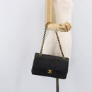 CHANEL Matelasse 25 Double Flap Chain Bag Lamb Skin Black Gold CC Auth 213989SAM-30