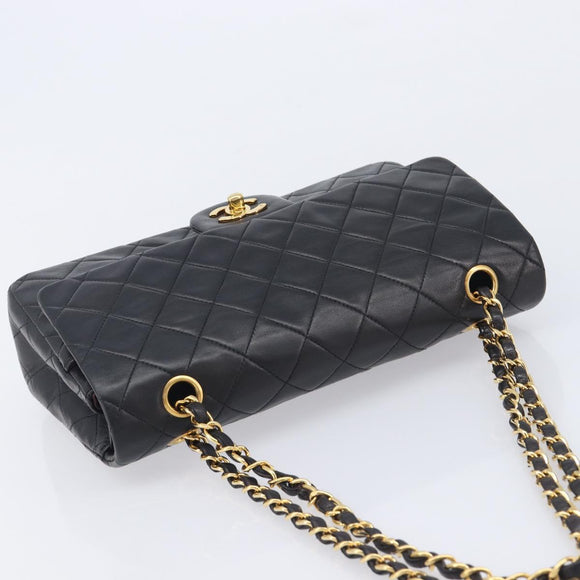 CHANEL Matelasse 25 Double Flap Chain Bag Lamb Skin Black Gold CC Auth 213989SAM