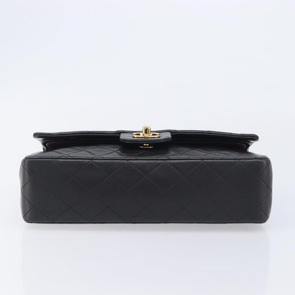 CHANEL Matelasse 25 Double Flap Chain Bag Lamb Skin Black Gold CC Auth 213989SAM