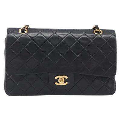 CHANEL Matelasse 25 Double Flap Chain Bag Lamb Skin Black Gold CC Auth 213992SAM - 0