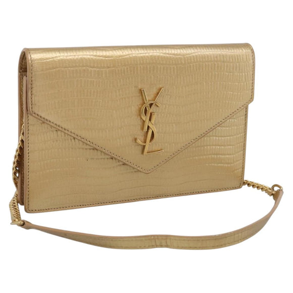 Saint Laurent Chain Shoulder Bag Leather Embossed Gold Auth 214003M