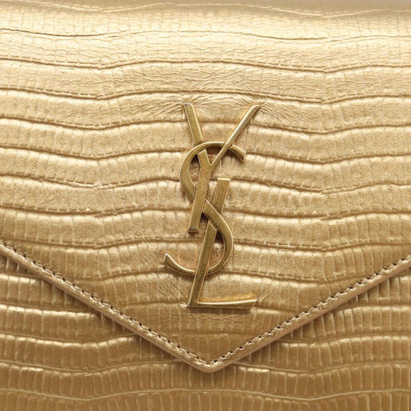 Saint Laurent Chain Shoulder Bag Leather Embossed Gold Auth 214003M