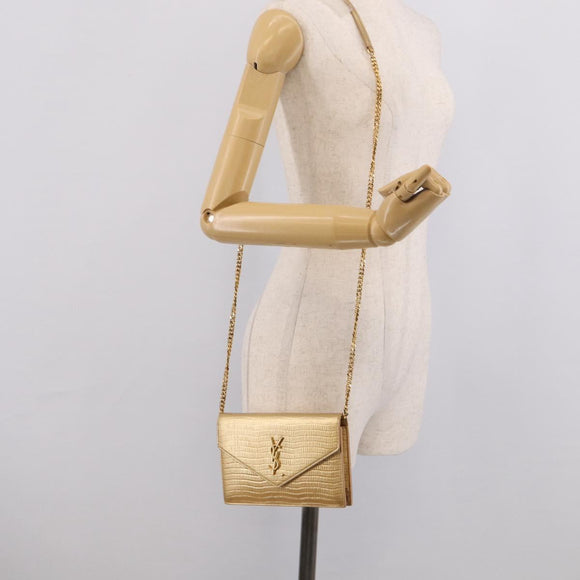 Saint Laurent Chain Shoulder Bag Leather Embossed Gold Auth 214003M