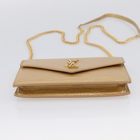 Saint Laurent Chain Shoulder Bag Leather Embossed Gold Auth 214003M
