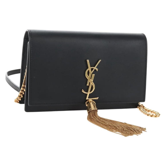 Saint Laurent Kate Chain Shoulder Bag Leather Black Gold Auth 214006M