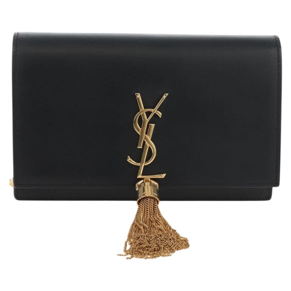 Saint Laurent Kate Chain Shoulder Bag Leather Black Gold Auth 214006M