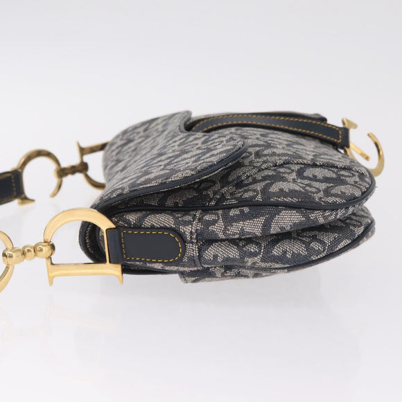 Christian Dior Trotter Canvas Saddle Shoulder Bag Navy Gold Auth 214013M