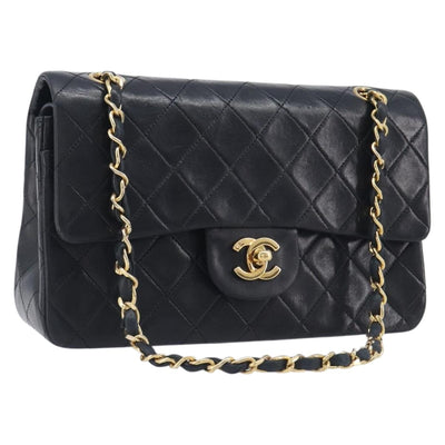 CHANEL Double Flap Chain Matelasse23 Bag Lamb Skin Black Gold CC Auth 214014SAM