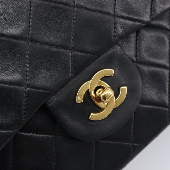 CHANEL Double Flap Chain Matelasse23 Bag Lamb Skin Black Gold CC Auth 214014SAM