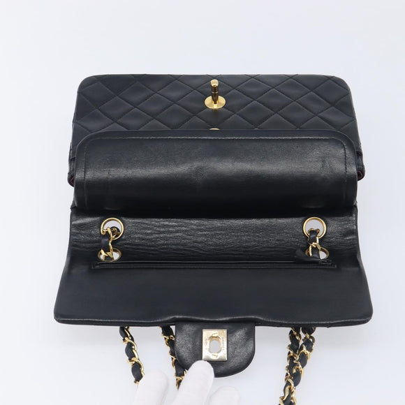 CHANEL Double Flap Chain Matelasse23 Bag Lamb Skin Black Gold CC Auth 214014SAM