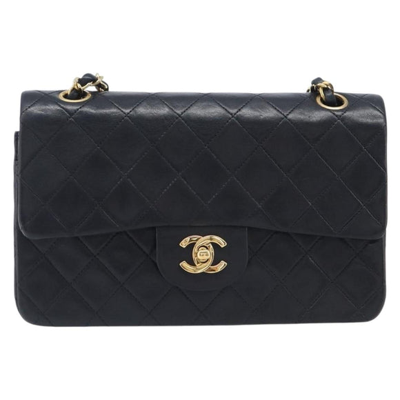 CHANEL Double Flap Chain Matelasse23 Bag Lamb Skin Black Gold CC Auth 214014SAM