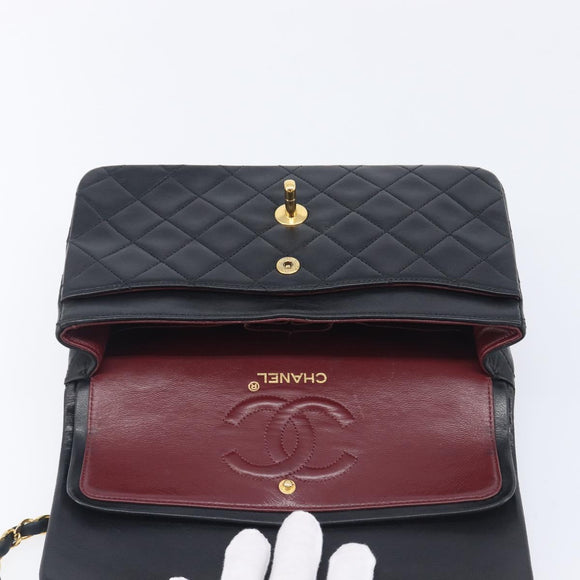 CHANEL Double Flap Chain Matelasse23 Bag Lamb Skin Black Gold CC Auth 214014SAM