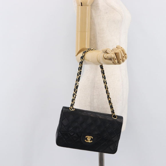 CHANEL Double Flap Chain Matelasse23 Bag Lamb Skin Black Gold CC Auth 214014SAM