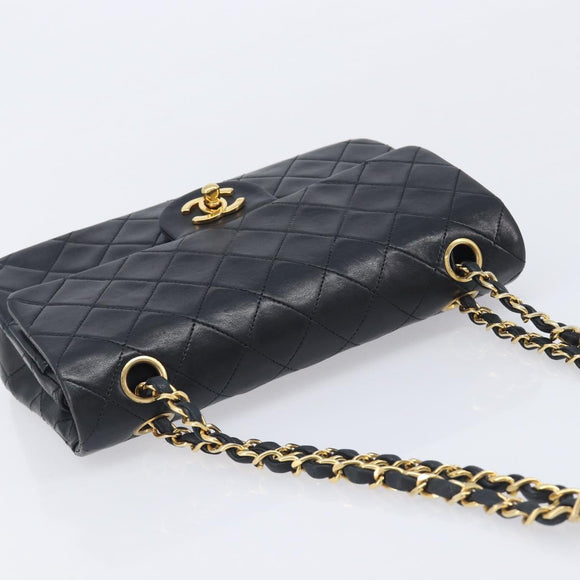 CHANEL Double Flap Chain Matelasse23 Bag Lamb Skin Black Gold CC Auth 214014SAM
