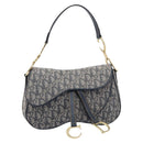 Christian Dior Trotter Canvas Saddle Shoulder Bag Navy Gold Auth 214016V-2