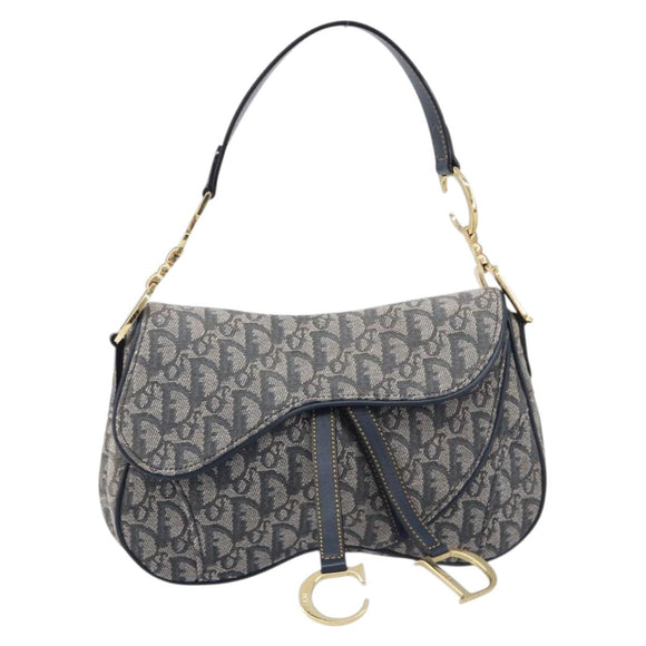 Christian Dior Trotter Canvas Saddle Shoulder Bag Navy Gold Auth 214016V