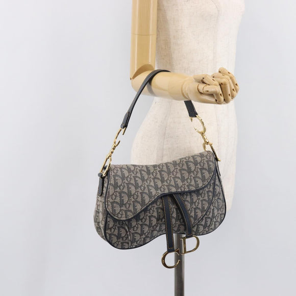 Christian Dior Trotter Canvas Saddle Shoulder Bag Navy Gold Auth 214016V