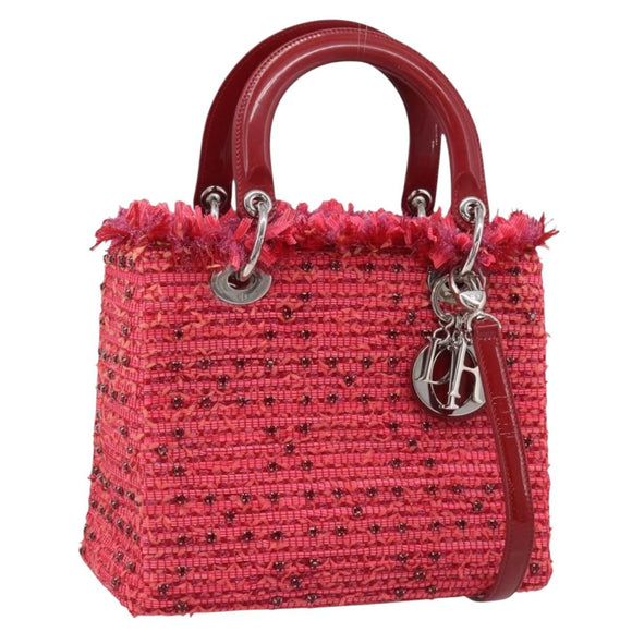 Christian Dior Lady Dior Hand Bag tweed 2way Red Silver Auth 214018V