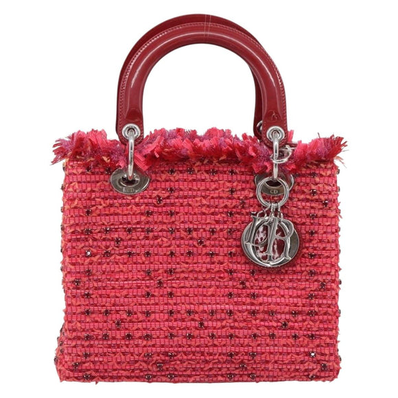Christian Dior Lady Dior Hand Bag tweed 2way Red Silver Auth 214018V