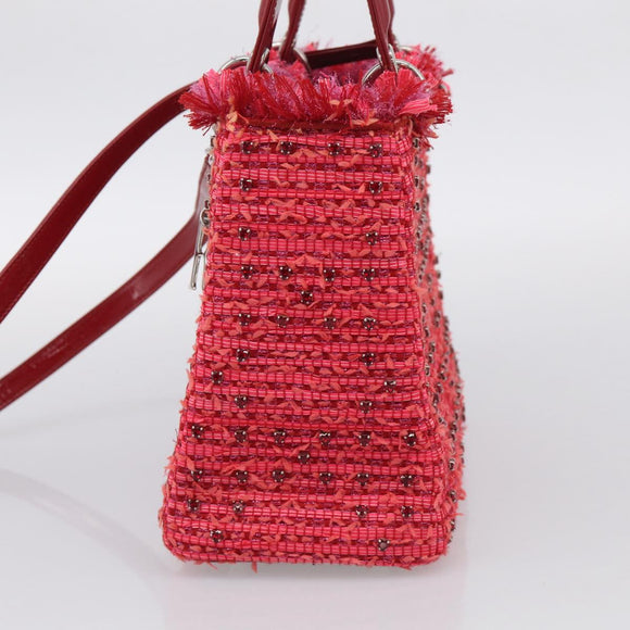Christian Dior Lady Dior Hand Bag tweed 2way Red Silver Auth 214018V