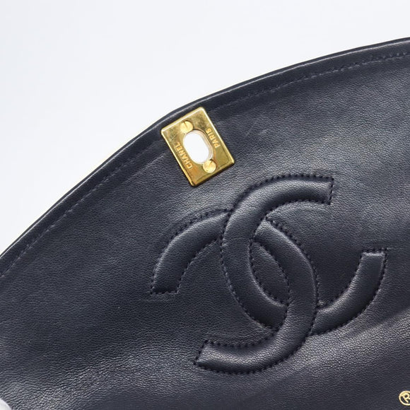 CHANEL Chain Shoulder Bag Lamb Skin Navy Gold CC Auth 214023V