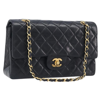 CHANEL Matelasse 25 Double Flap Chain Bag Lamb Skin Black Gold CC Auth 214024SAM