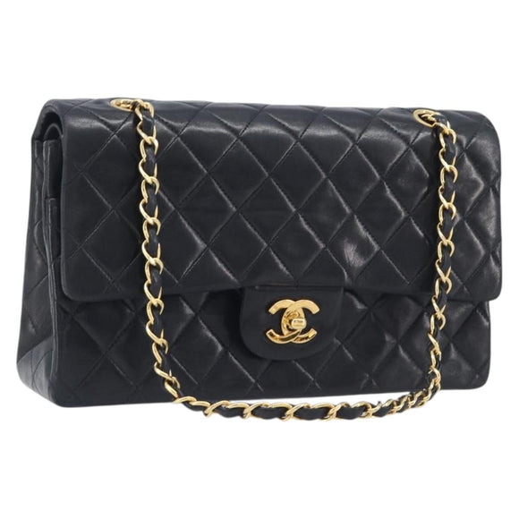 CHANEL Matelasse 25 Double Flap Chain Bag Lamb Skin Black Gold CC Auth 214024SAM