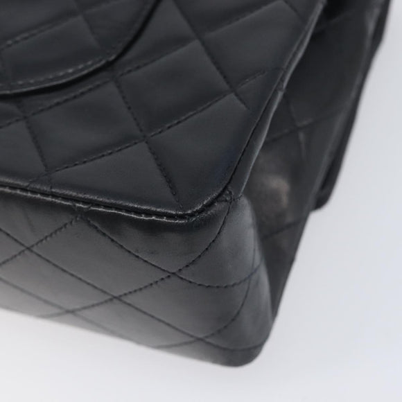 CHANEL Matelasse 25 Double Flap Chain Bag Lamb Skin Black Gold CC Auth 214024SAM