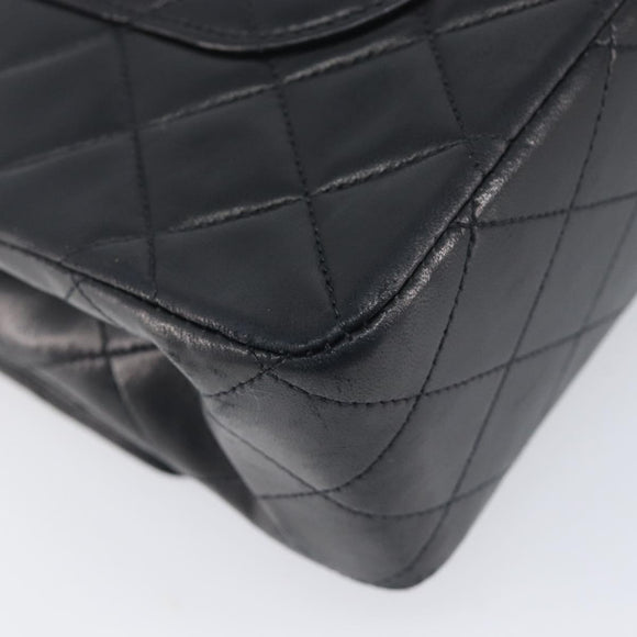 CHANEL Matelasse 25 Double Flap Chain Bag Lamb Skin Black Gold CC Auth 214024SAM